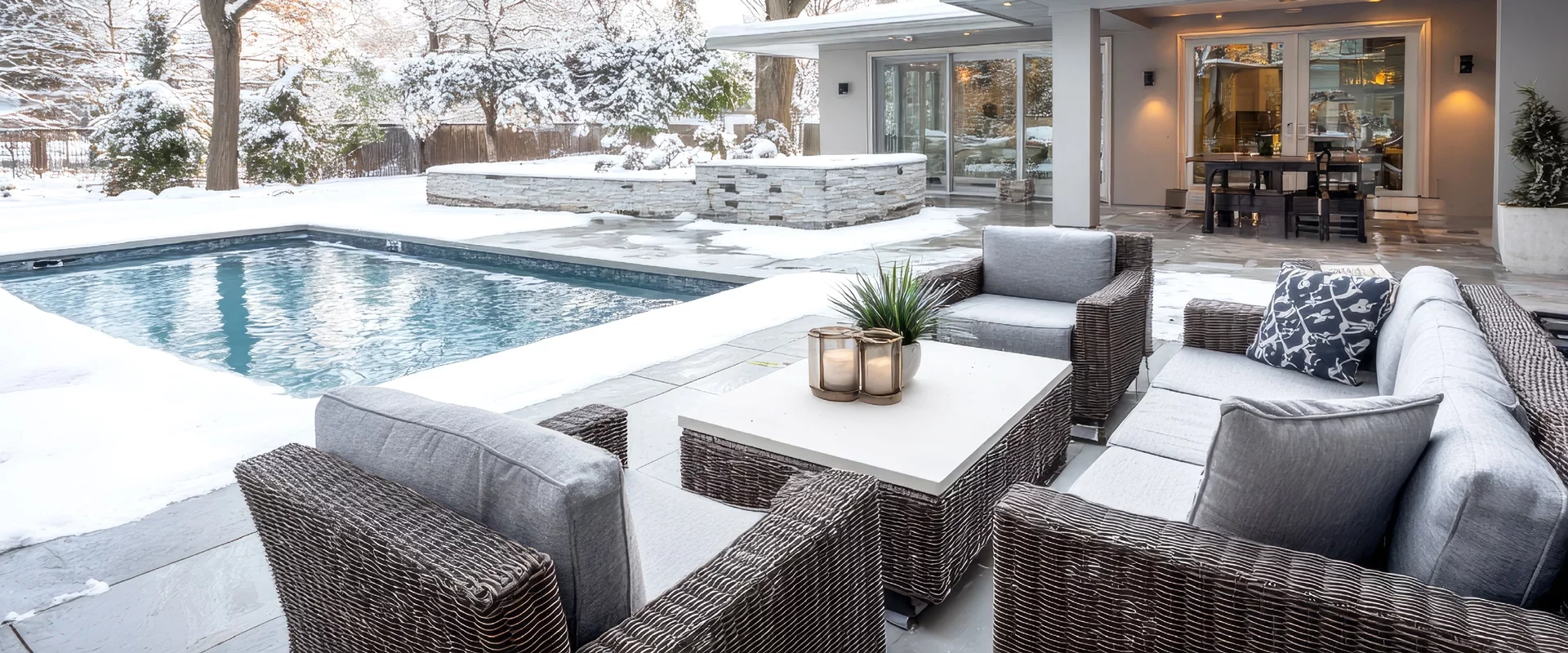 Gartenmöbel auf der Terrasse neben einem Pool im Schnee